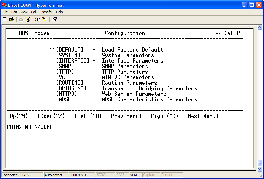 ADSLME configuration menu