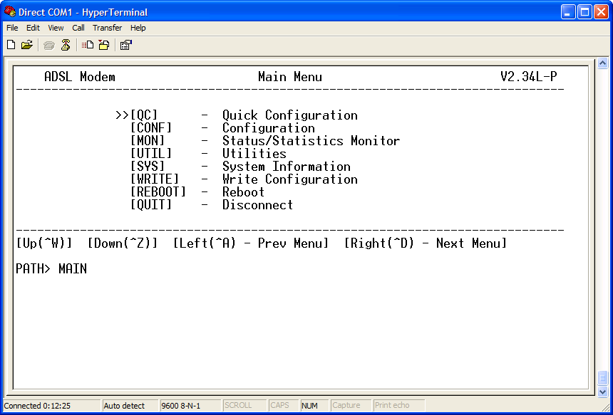 ADSLME1 main menu